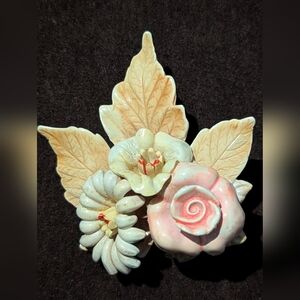 Floral Ceramic Brooch with Pink and Cream Flowers